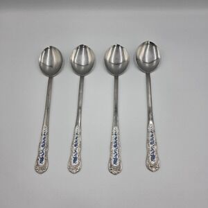 4 Stainless Steel and Porcelain Iced Tea/Coffee Spoons Japan Blue Floral‎ 8.5" L